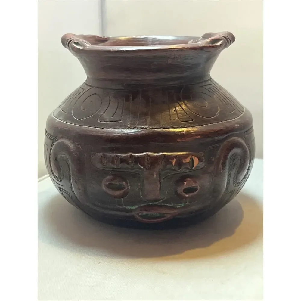 VTG Marajoara Terra Cotta Vessel Pot Brazil Red Clay Face Pottery 4.25